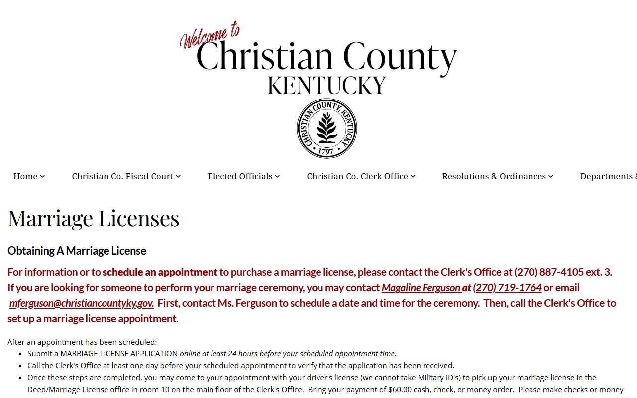 Christian County Clerk office in Hopkinsville Kentucky for marriage records