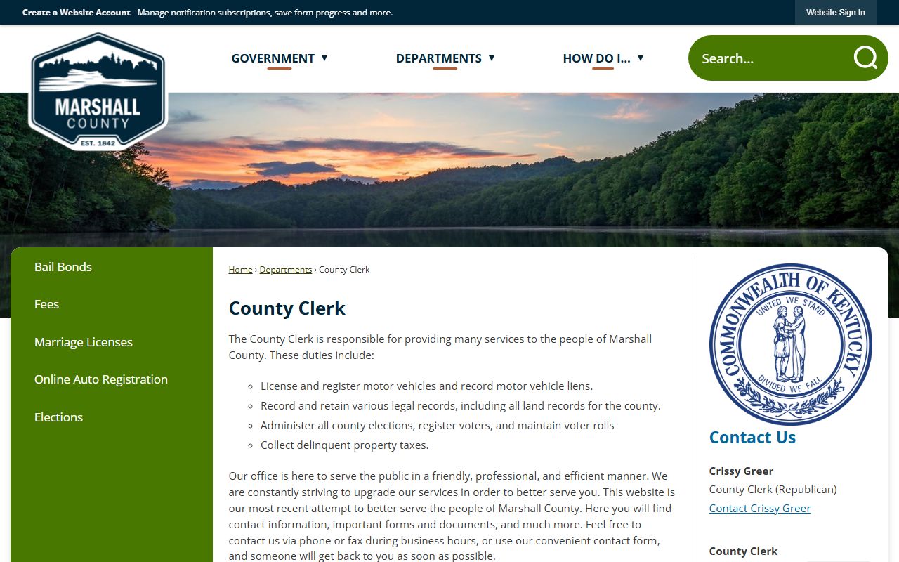 Marshall County Clerk office for marriage records in Benton